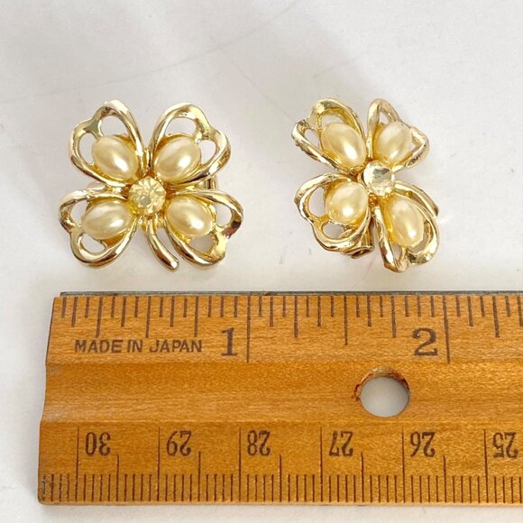 Shamrock 4Leaf Clover Sweater Scatter Pins Faux Pearl Rhinstone Gold Tone Set 2 - Picture 7 of 7